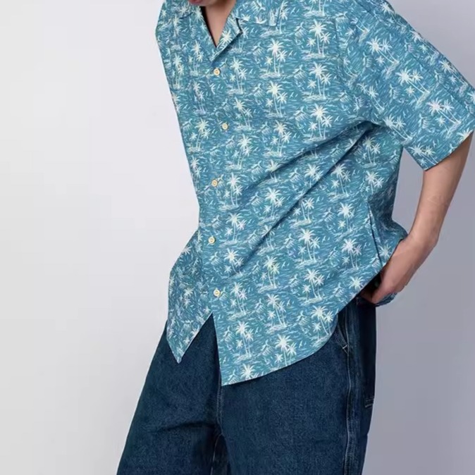 EL CAPITAL 藍色椰樹滿版印花短袖襯衫 花襯衫 短袖襯衫 滿版圖案 度假風 休閒 復古 音樂祭穿搭 菁英資本-細節圖5