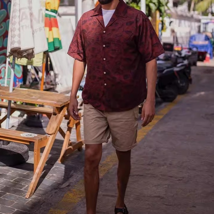 EL CAPITALＮ 酒紅色水族館短袖襯衫 滿版印花 短袖襯衫 花襯衫 海邊穿搭 度假風 街頭 潮流 菁英資本-細節圖3