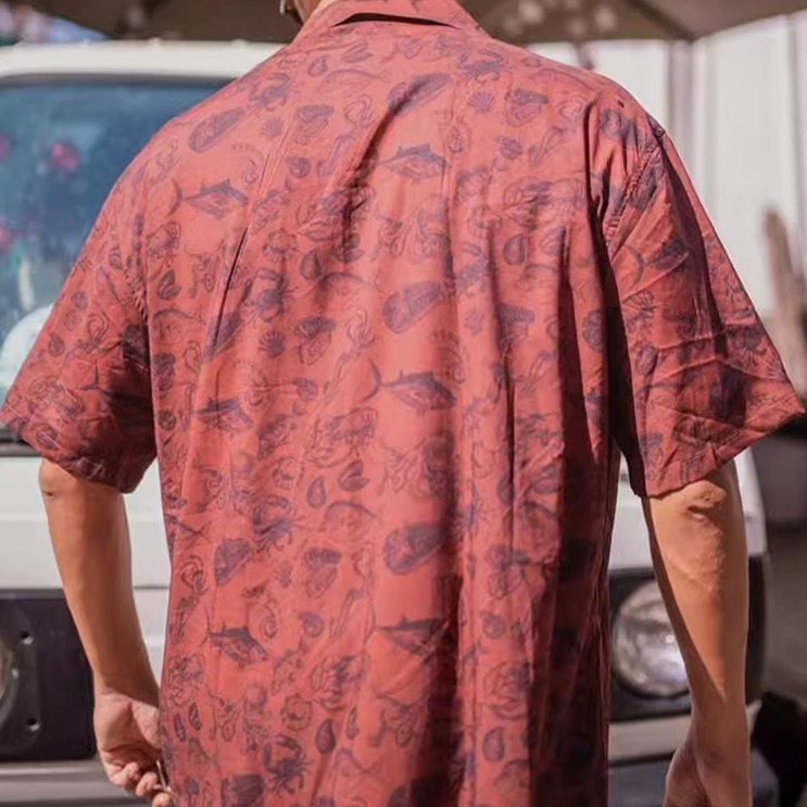 EL CAPITALＮ 酒紅色水族館短袖襯衫 滿版印花 短袖襯衫 花襯衫 海邊穿搭 度假風 街頭 潮流 菁英資本-細節圖5