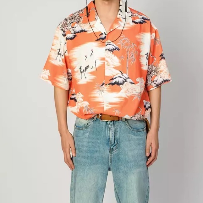 EL CAPITAL 山水風景夕陽短袖襯衫 滿版圖案 花襯衫 復古穿搭 短袖襯衫 街頭 潮流 音樂祭穿搭 菁英資本-細節圖3