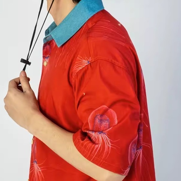 EL CAPITAL 紅色水母短袖襯衫 大圖印花 短袖襯衫 花襯衫 大紅色 喜氣洋洋 打麻將把把胡 音樂祭 菁英資本-細節圖2