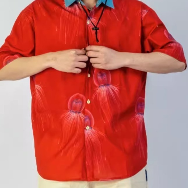 EL CAPITAL 紅色水母短袖襯衫 大圖印花 短袖襯衫 花襯衫 大紅色 喜氣洋洋 打麻將把把胡 音樂祭 菁英資本-細節圖3