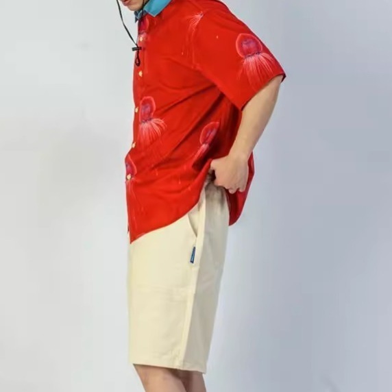 EL CAPITAL 紅色水母短袖襯衫 大圖印花 短袖襯衫 花襯衫 大紅色 喜氣洋洋 打麻將把把胡 音樂祭 菁英資本-細節圖4