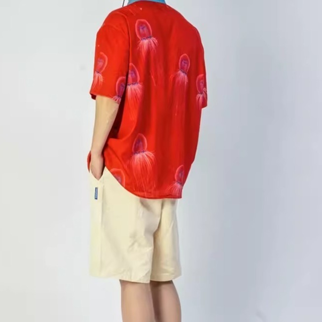 EL CAPITAL 紅色水母短袖襯衫 大圖印花 短袖襯衫 花襯衫 大紅色 喜氣洋洋 打麻將把把胡 音樂祭 菁英資本-細節圖5