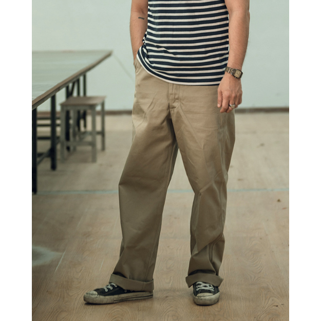 經典美式復古高腰無摺斜布紋卡其褲 NON STOCK 純寬鬆剪裁-細節圖2