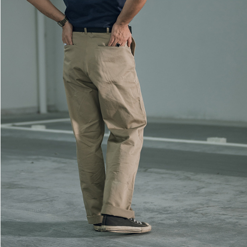 經典美式復古高腰無摺斜布紋卡其褲 NON STOCK 純寬鬆剪裁-細節圖4