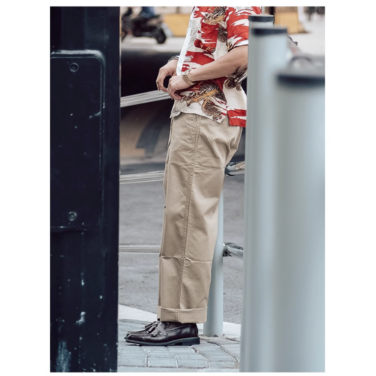 BRONSON復刻1942斜紋卡其布CHINOS寬鬆直筒高腰闊腿長褲6-254 11.5oz-細節圖3