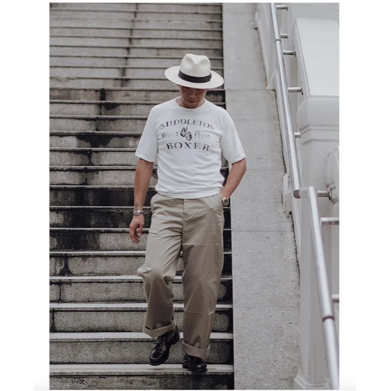 BRONSON復刻1942斜紋卡其布CHINOS寬鬆直筒高腰闊腿長褲6-254 11.5oz-細節圖4