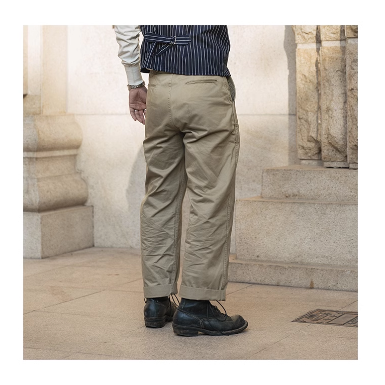 BRONSON復刻1942斜紋卡其布CHINOS寬鬆直筒高腰闊腿長褲6-254 11.5oz-細節圖6