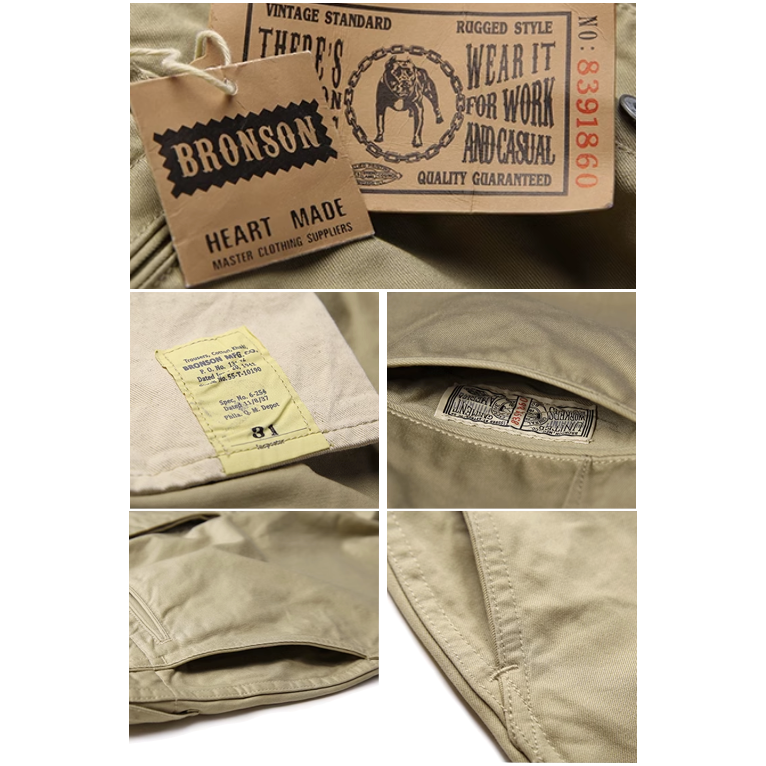 BRONSON復刻1942斜紋卡其布CHINOS寬鬆直筒高腰闊腿長褲6-254 11.5oz-細節圖8