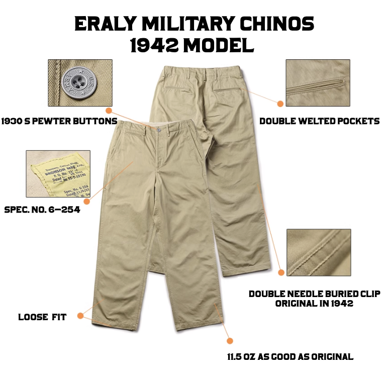 BRONSON復刻1942斜紋卡其布CHINOS寬鬆直筒高腰闊腿長褲6-254 11.5oz-細節圖10