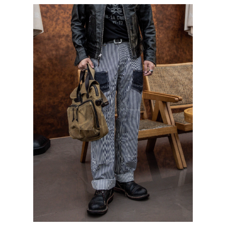 復刻 FW Derrickman work striped pants 跳色拼接條紋長褲 單寧牛仔-細節圖2