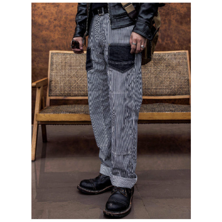 復刻 FW Derrickman work striped pants 跳色拼接條紋長褲 單寧牛仔-細節圖3