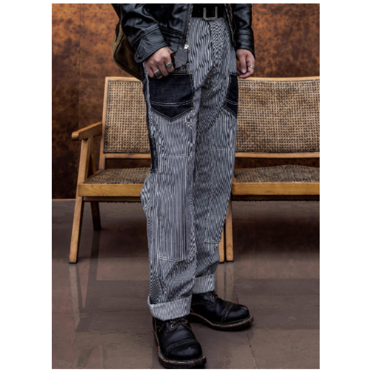 復刻 FW Derrickman work striped pants 跳色拼接條紋長褲 單寧牛仔-細節圖4