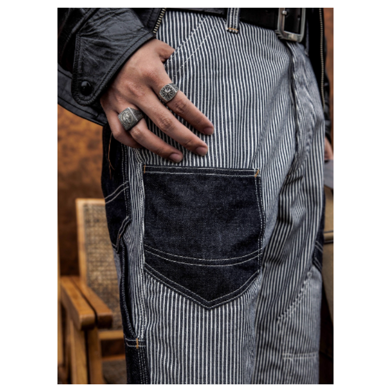 復刻 FW Derrickman work striped pants 跳色拼接條紋長褲 單寧牛仔-細節圖5