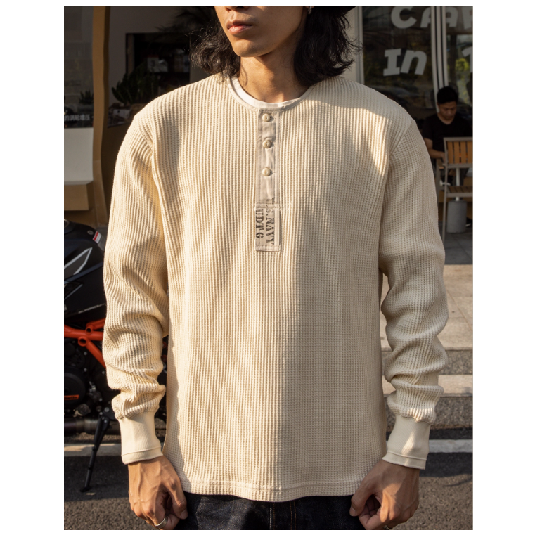 US NAVY WAFFLE HENLEY SHIRT 美國海軍 亨利領 WW2 華夫格 彈力纖維-細節圖4