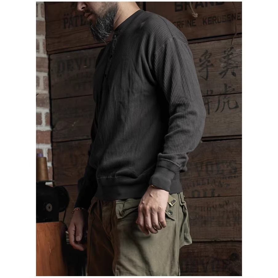 BRONSON 復刻 長袖重磅羅紋亨利領 T-Shirt 落肩款 打底衫 純棉內搭-細節圖3