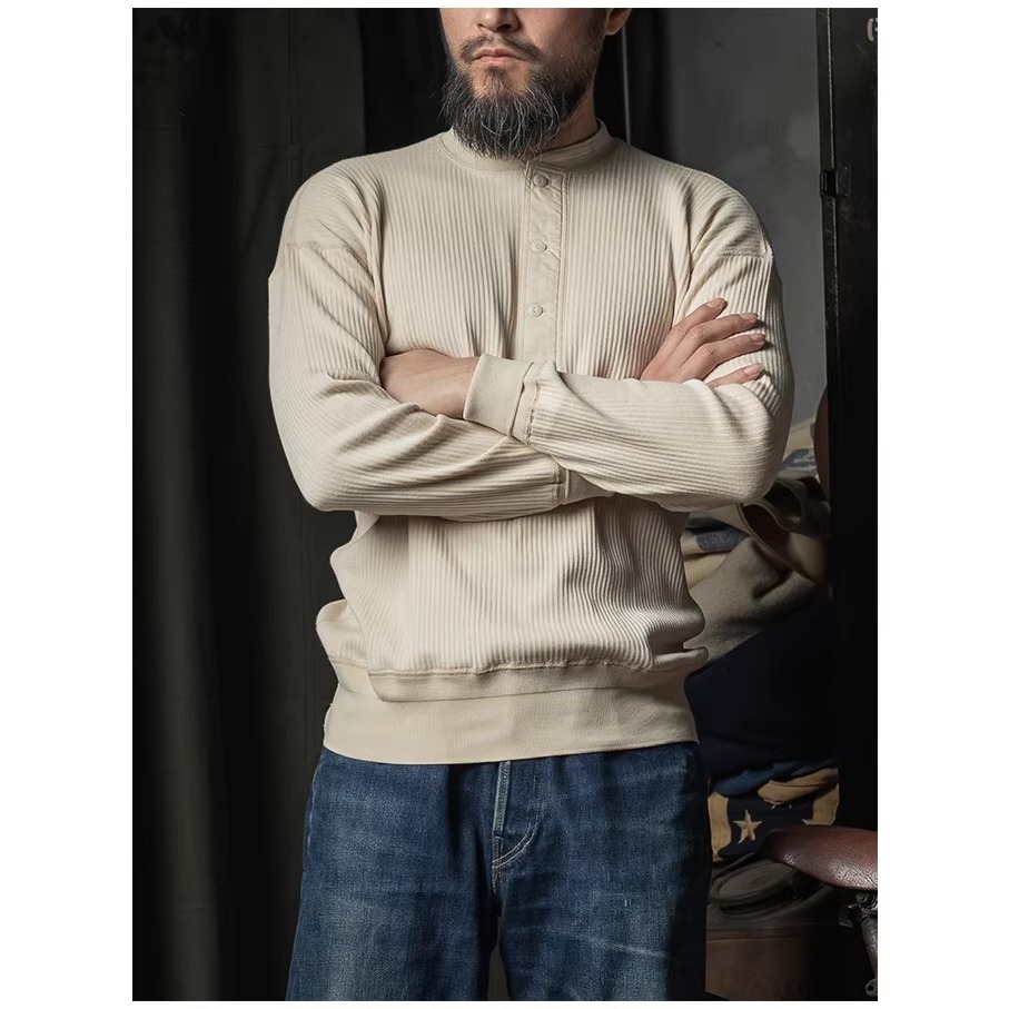 BRONSON 復刻 長袖重磅羅紋亨利領 T-Shirt 落肩款 打底衫 純棉內搭-細節圖4