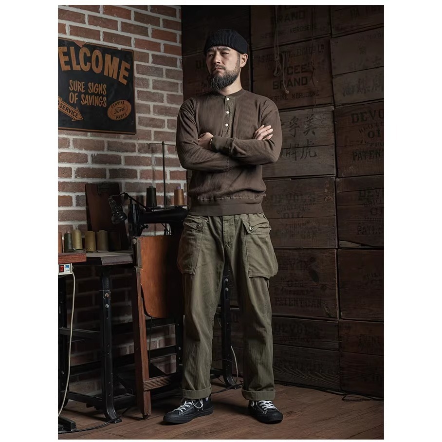 BRONSON 復刻 長袖重磅羅紋亨利領 T-Shirt 落肩款 打底衫 純棉內搭-細節圖5