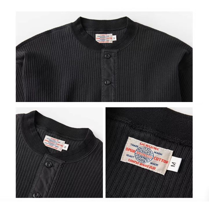 BRONSON 復刻 長袖重磅羅紋亨利領 T-Shirt 落肩款 打底衫 純棉內搭-細節圖10