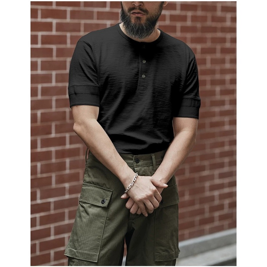 BRONSON 重磅竹節亨利領 短袖打底 Tompkins 300G 男士復古 鎖鏈車壓肩 羅紋領 無側縫-細節圖2