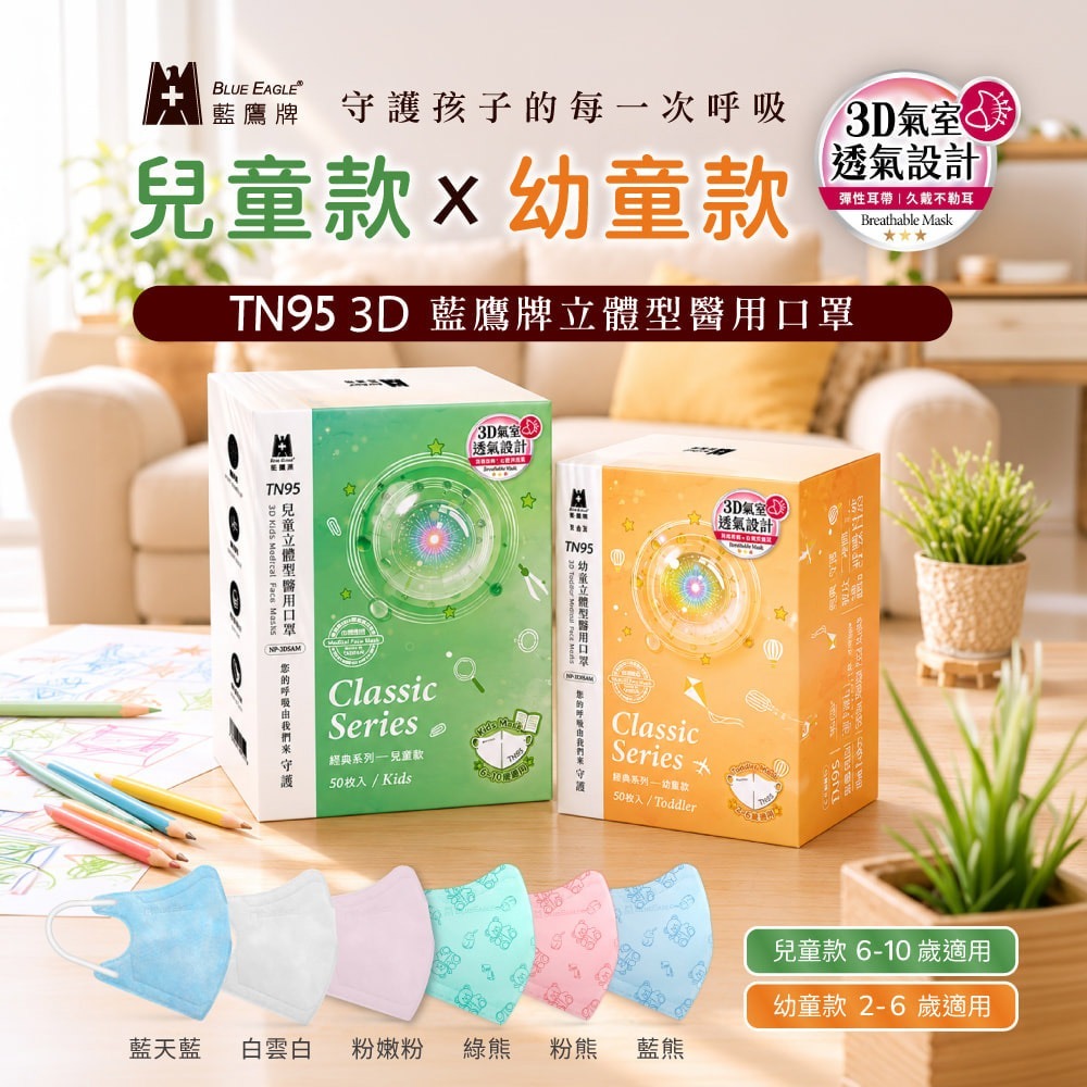 藍鷹牌 N95 TN95立體型6-10歲兒童醫用口罩 50片x1盒-細節圖3