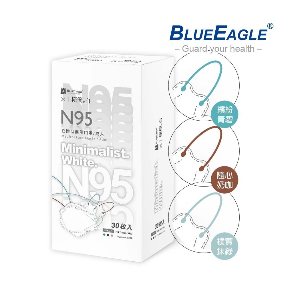 藍鷹牌 N95 4D立體型成人醫用口罩 極簡白系列 30片x1盒 二款耳帶顏色可選-細節圖2