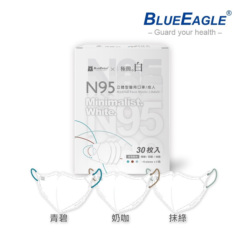 藍鷹牌 N95醫用立體型成人口罩 極簡白系列 30片x1盒 三款耳帶顏色可選-細節圖3