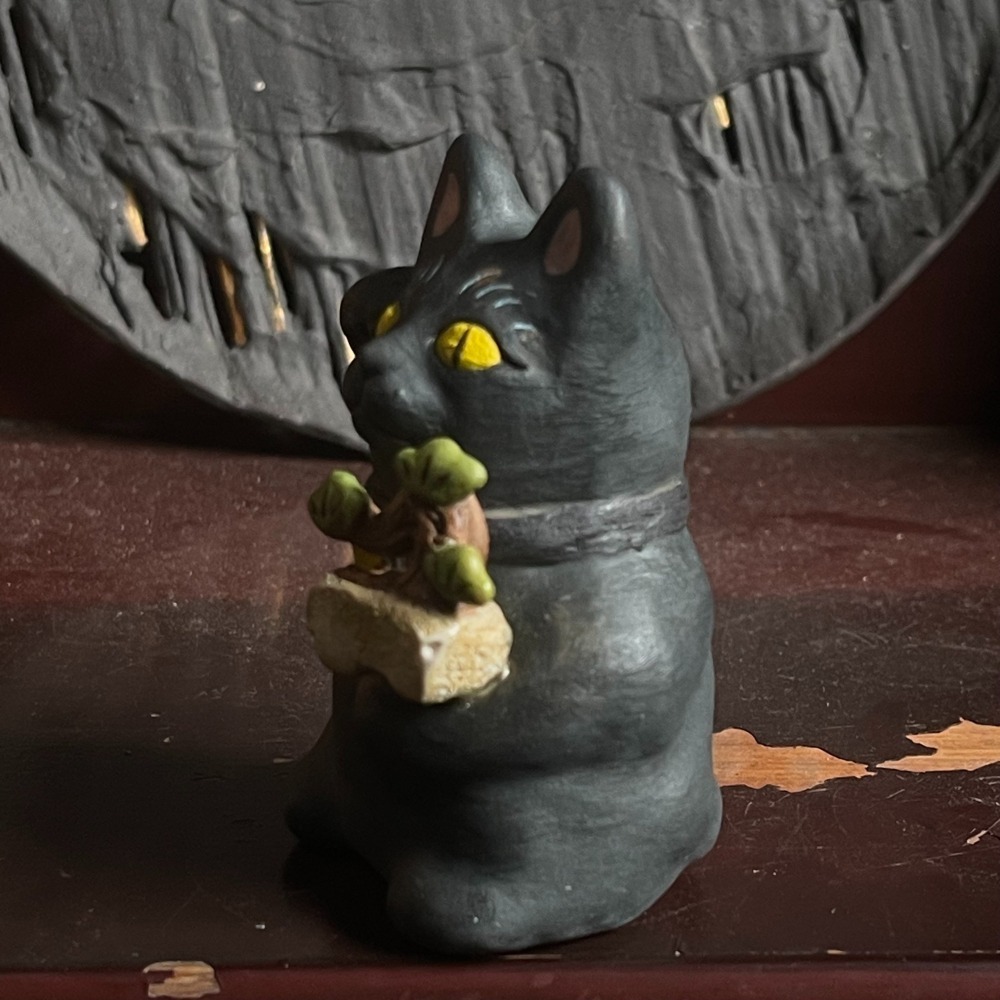 陶瓷招財貓雕塑-小松樹黑貓白盆景-細節圖2
