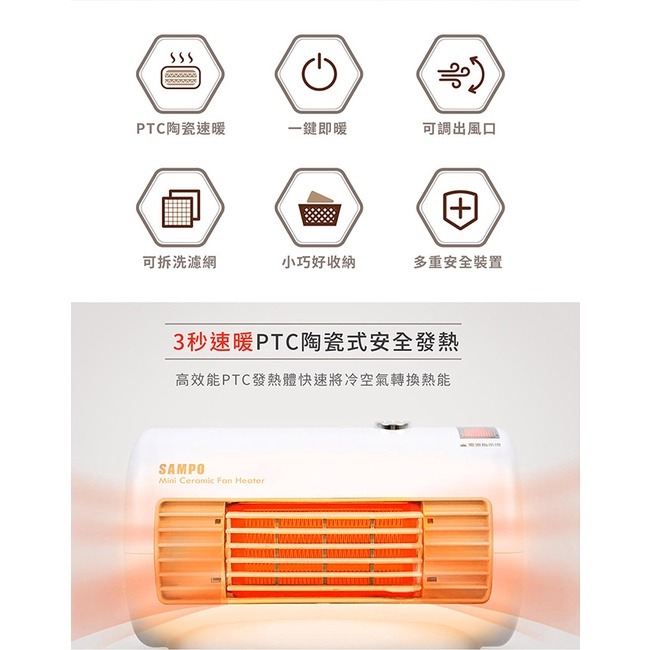 SAMPO聲寶 迷你陶瓷電暖器 HX-FD06P-細節圖4