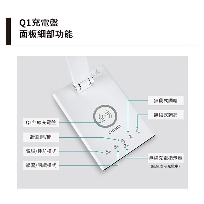 CHIMEI奇美 QI無線充電/USB充電LED護眼檯燈 LT-WP100D-細節圖7