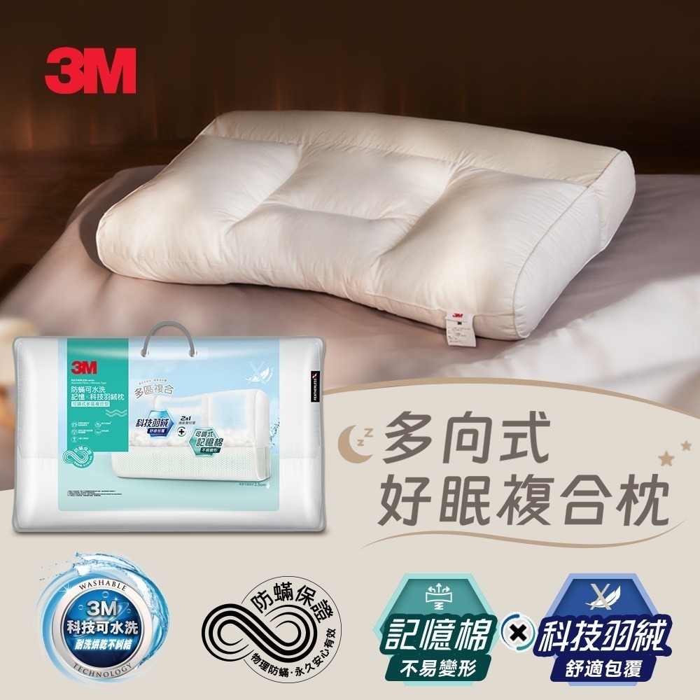 3M 防蹣可水洗科技羽絨枕-可調式多區複合型(多向好睡枕)-細節圖3