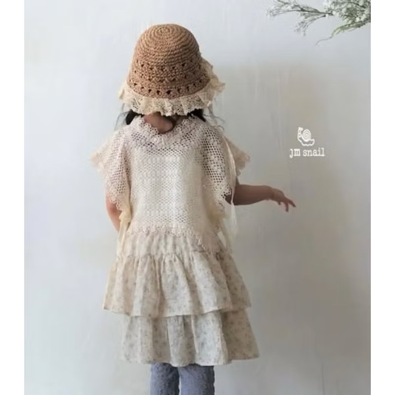 現貨 正韓 女童 3-6歲 蕾絲邊 綁帶 編織 草帽 帽子氣質 甜美-細節圖3