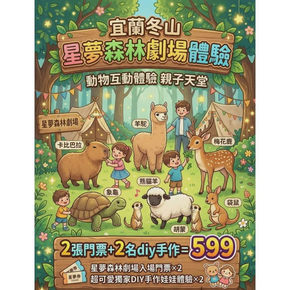 二人門票+飼料2份及各項設施折抵券+2份DIY