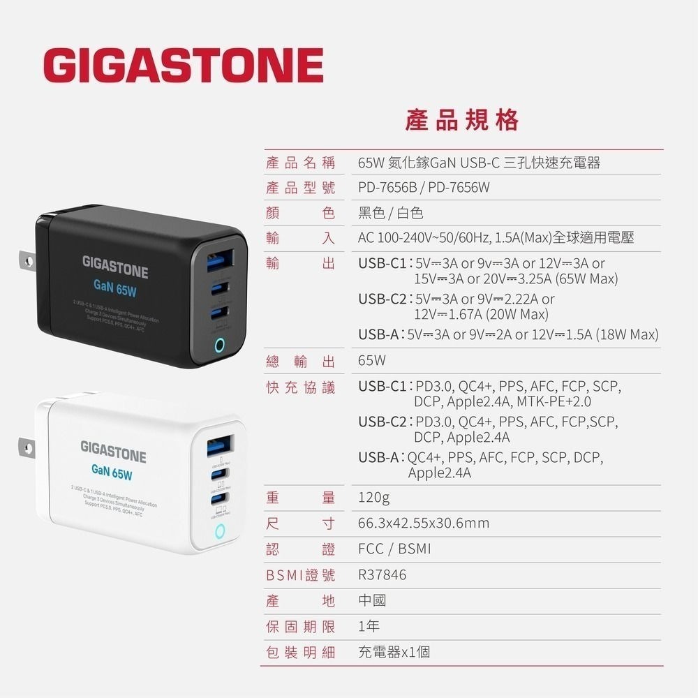 《贈充電線》Gigastone 立達 65W GaN 氮化鎵 三孔 USB-C 快速充電器 PD-7656 新品現貨-細節圖8