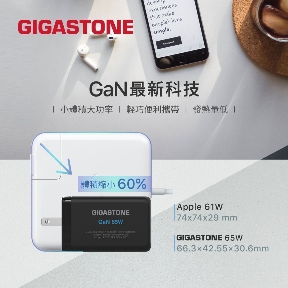 《贈充電線》Gigastone 立達 65W GaN 氮化鎵 三孔 USB-C 快速充電器 PD-7656 新品現貨-細節圖2