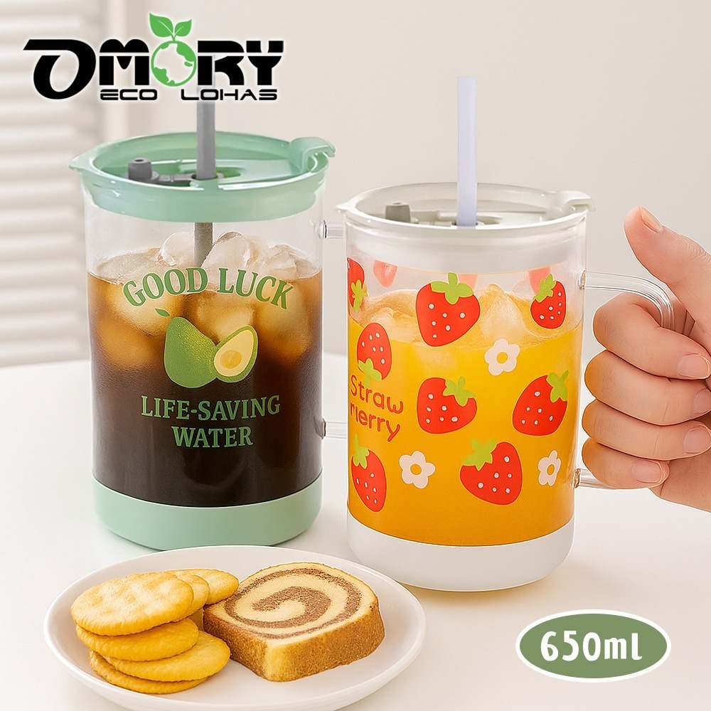 【限時購】【OMORY】果漾玻璃把手吸管杯650ml-細節圖4