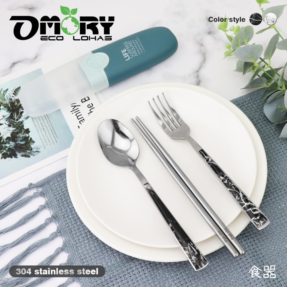 【限時購】【OMORY】Marbling大理石紋304不鏽鋼環保餐具4件組-細節圖5
