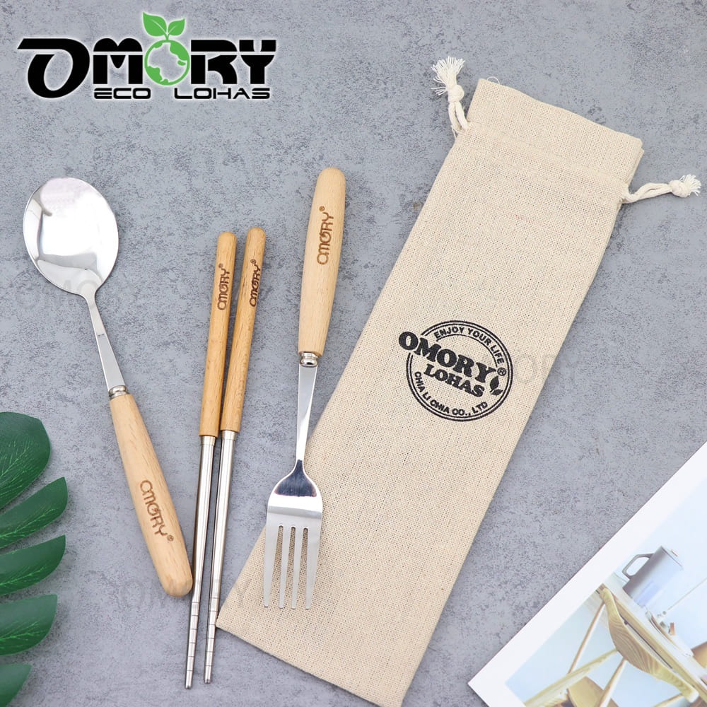 【限時購】【OMORY】溫潤木柄#304不鏽鋼環保餐具3件組(附棉麻袋)-細節圖3