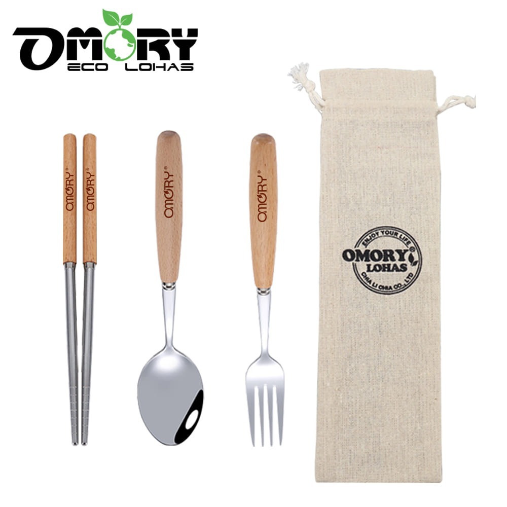 【限時購】【OMORY】溫潤木柄#304不鏽鋼環保餐具3件組(附棉麻袋)-細節圖4