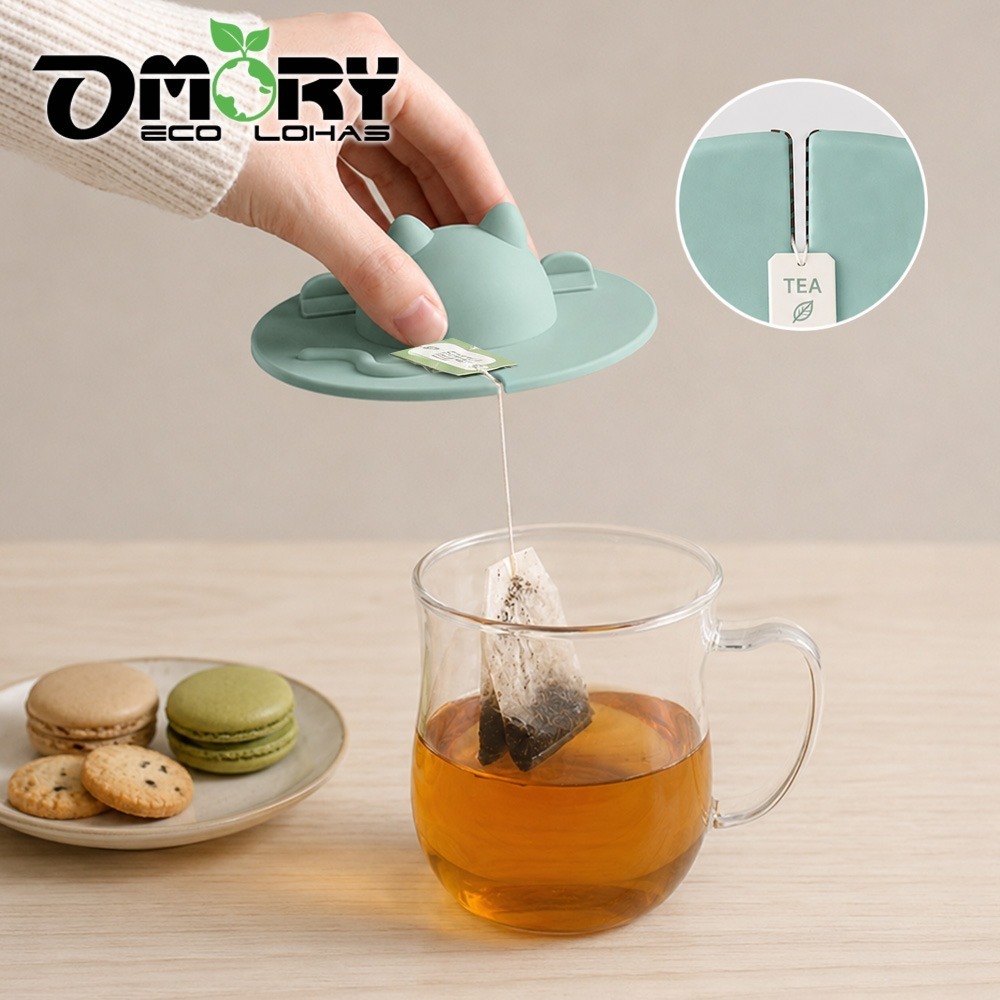 【OMORY】立體貓咪可掛茶包矽膠杯蓋｜防塵防蟲｜茶包夾｜手機架｜防燙套-細節圖3