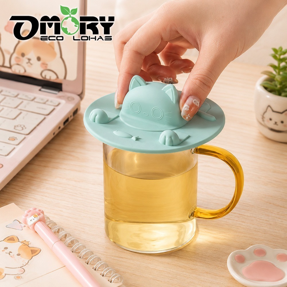【OMORY】立體貓咪可掛茶包矽膠杯蓋｜防塵防蟲｜茶包夾｜手機架｜防燙套-細節圖6