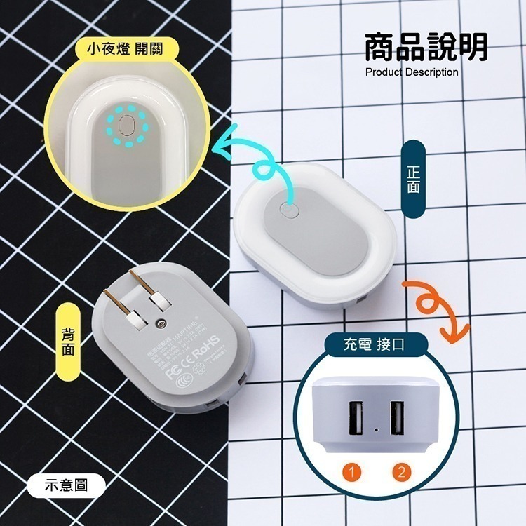 【VENCEDOR】USB小夜燈充電器 / 充電 雙usb孔 usb插孔 雙口夜燈 便攜 迷你燈-細節圖6