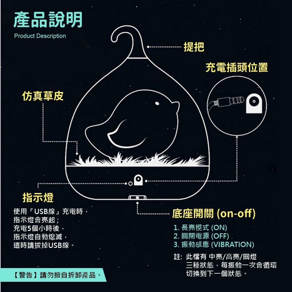 【VENCEDOR】觸碰鳥籠燈 / USB拍拍燈 充電燈觸小夜燈 摸感應燈臥室床頭燈 交換禮物 送禮首選-細節圖5