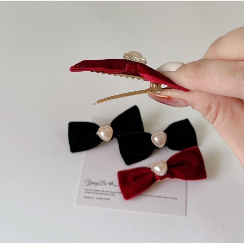 𝓨𝓪𝓷𝓰𝓑𝓲🫧絲絨蝴蝶結愛心珍珠髮夾 V256-細節圖3