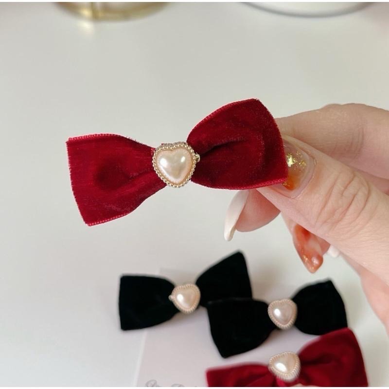 𝓨𝓪𝓷𝓰𝓑𝓲🫧絲絨蝴蝶結愛心珍珠髮夾 V256-細節圖4