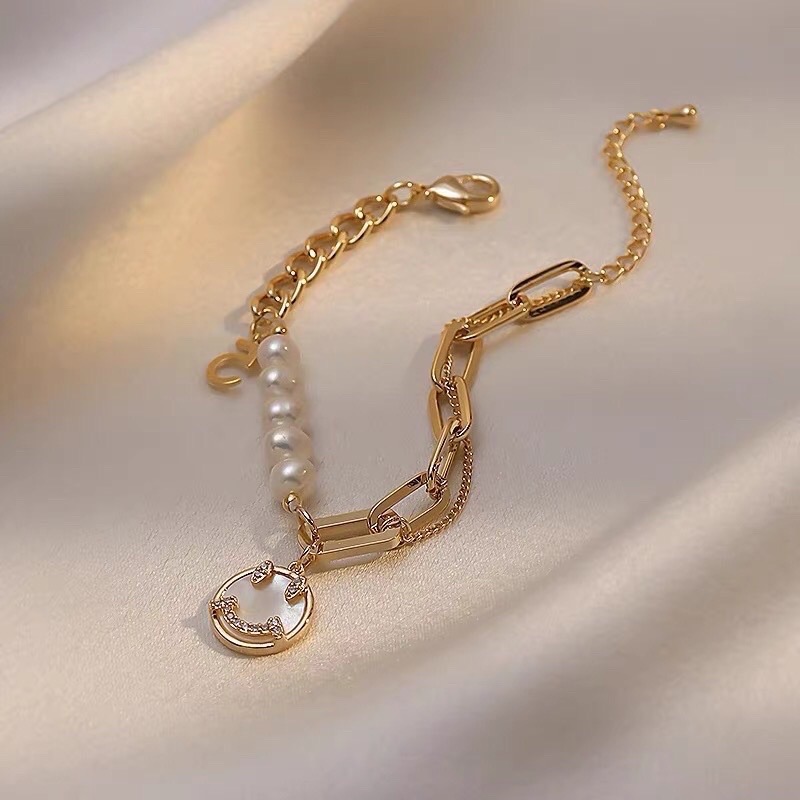 ￼𝓨𝓪𝓷𝓰𝓑𝓲🇰🇷韓國鑲鑽鋯石笑臉鏈條珍珠金色手鍊Y97-細節圖3