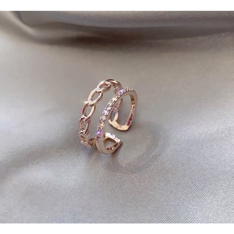 𝓨𝓪𝓷𝓰𝓑𝓲💫免運🌸台灣現貨🦋韓國鎖鏈雙層設計鑲鑽玫瑰金鋯石戒指Y41-細節圖2