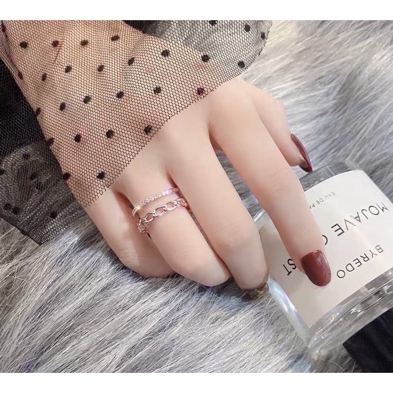 𝓨𝓪𝓷𝓰𝓑𝓲💫免運🌸台灣現貨🦋韓國鎖鏈雙層設計鑲鑽玫瑰金鋯石戒指Y41-細節圖3