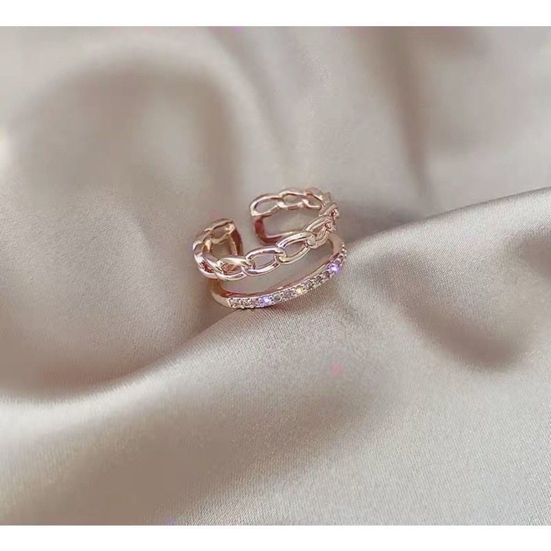 𝓨𝓪𝓷𝓰𝓑𝓲💫免運🌸台灣現貨🦋韓國鎖鏈雙層設計鑲鑽玫瑰金鋯石戒指Y41-細節圖4